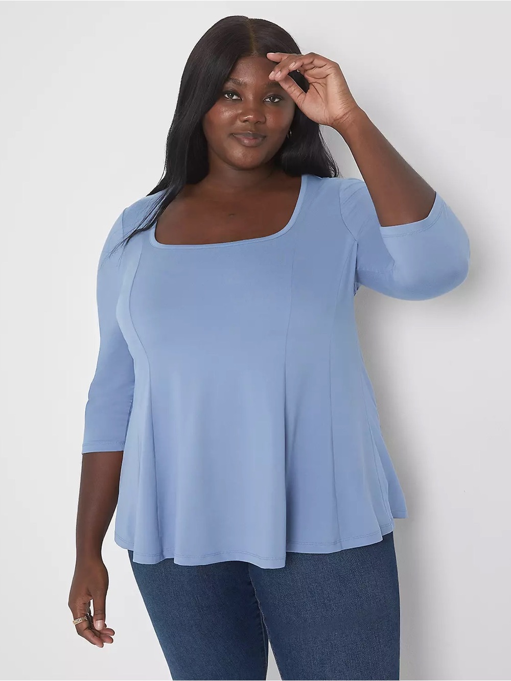 Lane Bryant Classic 3/4-Sleeve Square-Neck Fit & Flare Tee Blue 26/28 Minimalist